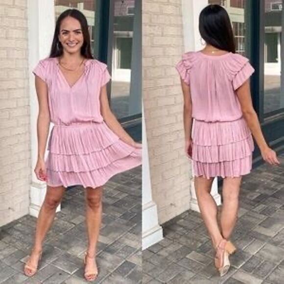 Current Air Los Angeles Strawberry Wine Mini Ruffle Pleated Dress NWT Size M - Picture 7 of 7